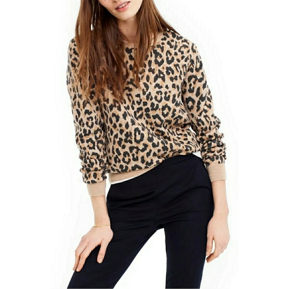 J. Crew Merino Wool Leopard Sweater Animal Print Tan Gray Knit - Picture 2 of 7